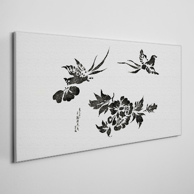 Birds and flowers in black and white Canvas print