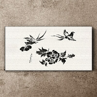 Birds and flowers in black and white Canvas print