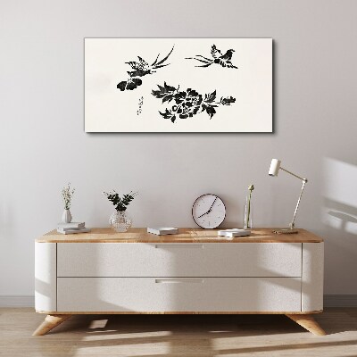 Birds and flowers in black and white Canvas print
