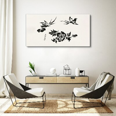 Birds and flowers in black and white Canvas print