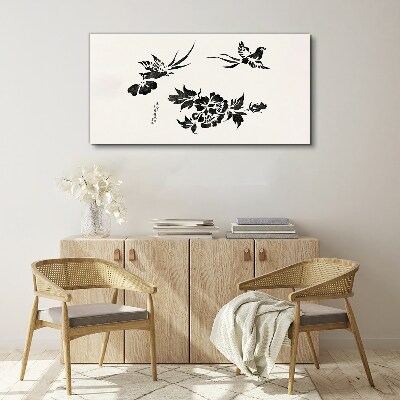 Birds and flowers in black and white Canvas print
