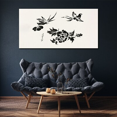 Birds and flowers in black and white Canvas print
