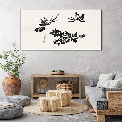 Birds and flowers in black and white Canvas print