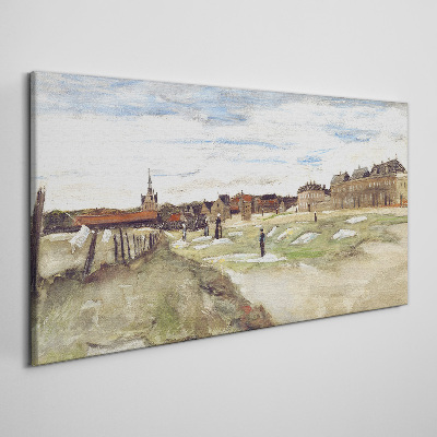 Landscape with figures against the background of the city Canvas print