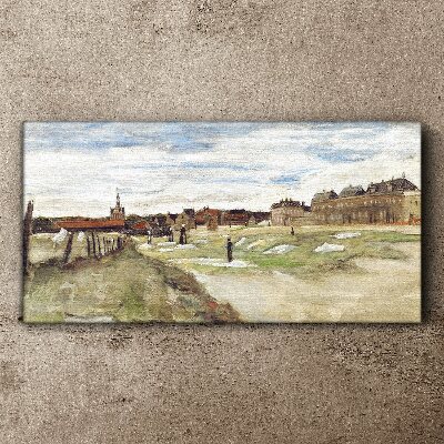 Landscape with figures against the background of the city Canvas print