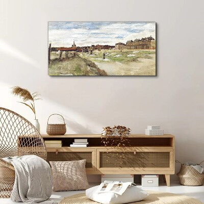 Landscape with figures against the background of the city Canvas print