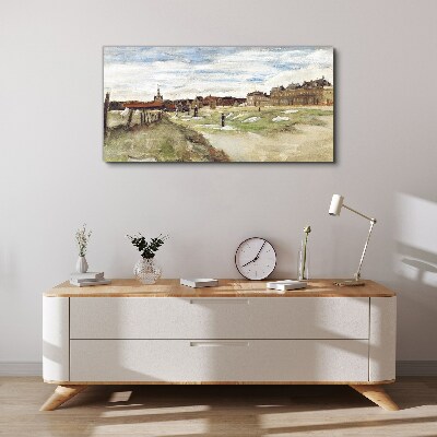 Landscape with figures against the background of the city Canvas print