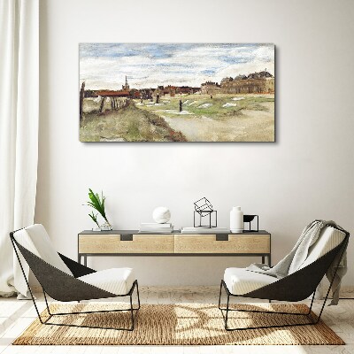Landscape with figures against the background of the city Canvas print