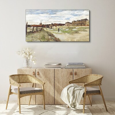 Landscape with figures against the background of the city Canvas print