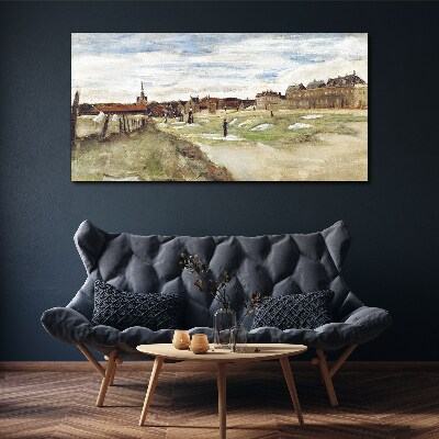 Landscape with figures against the background of the city Canvas print