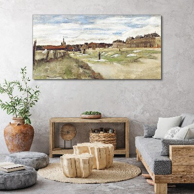 Landscape with figures against the background of the city Canvas print