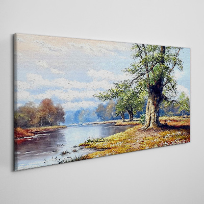 Forest river landscape with clouds Canvas Wall art