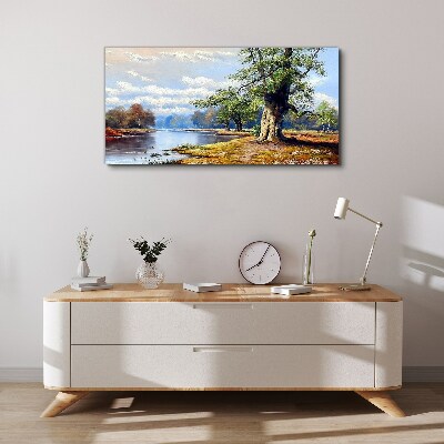 Forest river landscape with clouds Canvas Wall art