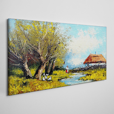 Countryside landscape with a cottage and trees Canvas Wall art
