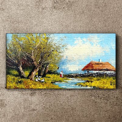 Countryside landscape with a cottage and trees Canvas Wall art