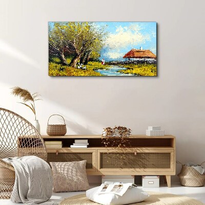 Countryside landscape with a cottage and trees Canvas Wall art
