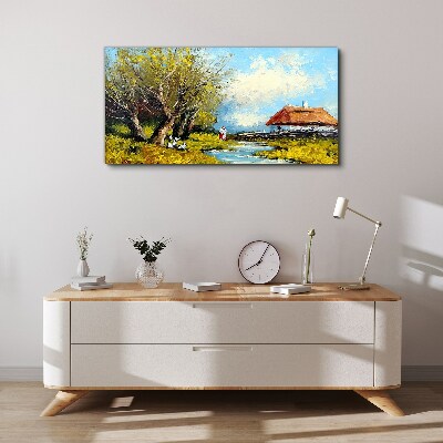 Countryside landscape with a cottage and trees Canvas Wall art
