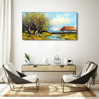 Countryside landscape with a cottage and trees Canvas Wall art