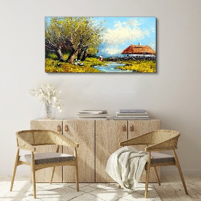 Countryside landscape with a cottage and trees Canvas Wall art