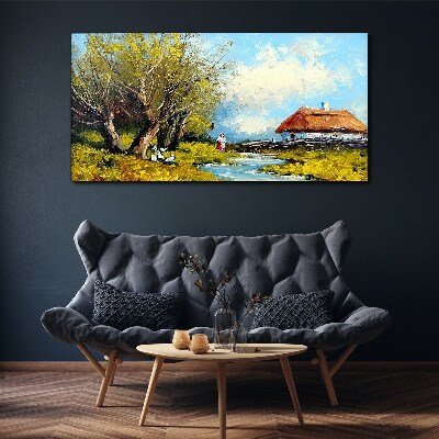 Countryside landscape with a cottage and trees Canvas Wall art