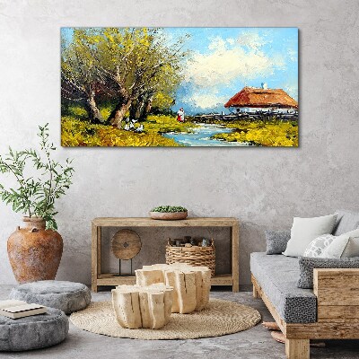 Countryside landscape with a cottage and trees Canvas Wall art