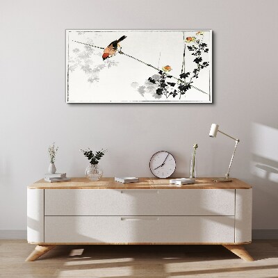 Bird on a branch with flowers Canvas print