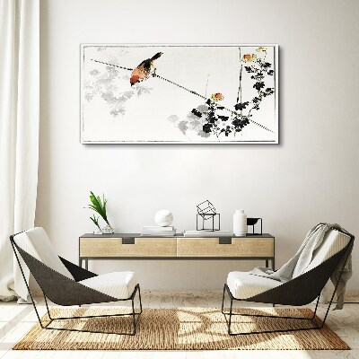 Bird on a branch with flowers Canvas print