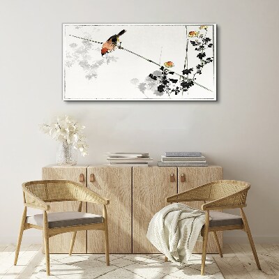 Bird on a branch with flowers Canvas print