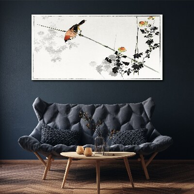 Bird on a branch with flowers Canvas print