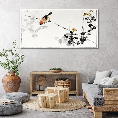 Bird on a branch with flowers Canvas print