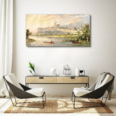 A castle by the river in pastel colors Canvas print
