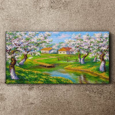 Tree village water flowers Canvas Wall art