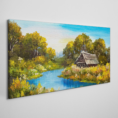 Forest river sky hut Canvas print