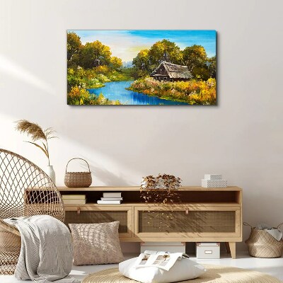 Forest river sky hut Canvas print