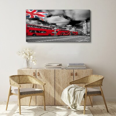 Red London buses with UK flag Canvas Wall art