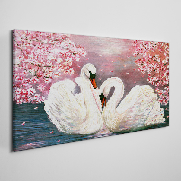 Swan Love in a Blooming Orchard Canvas Wall art