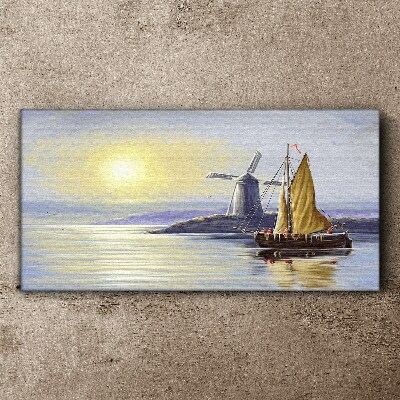 Sea ship the sun mill Canvas Wall art