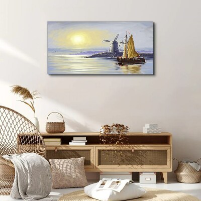 Sea ship the sun mill Canvas Wall art