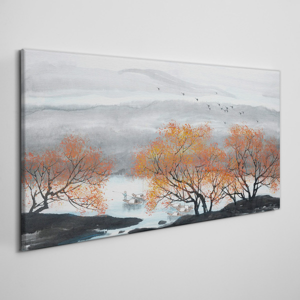 Autumn fog over the lake Canvas Wall art