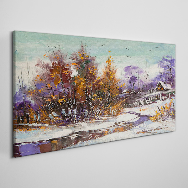 Winter snow tree hut river Canvas Wall art