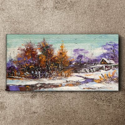 Winter landscape with a house in the forest Canvas Wall art