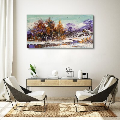Winter landscape with a house in the forest Canvas Wall art