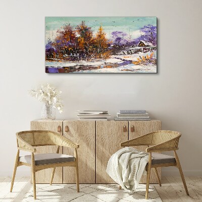 Winter landscape with a house in the forest Canvas Wall art