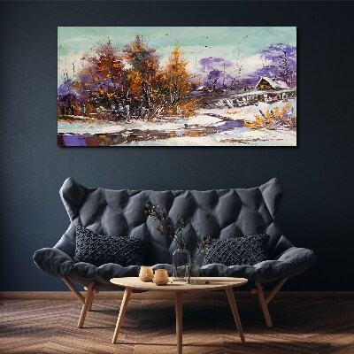 Winter landscape with a house in the forest Canvas Wall art