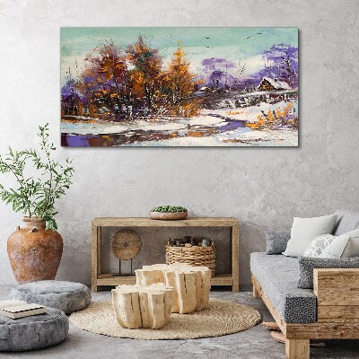 Winter snow tree hut river Canvas Wall art