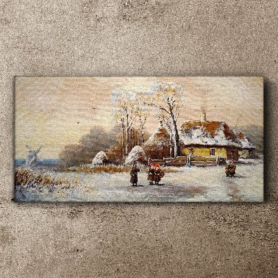 Winter snow tree village Canvas Wall art