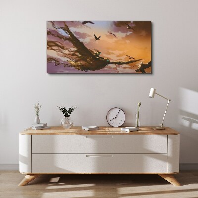 Flight of birds in the setting sun Canvas Wall art