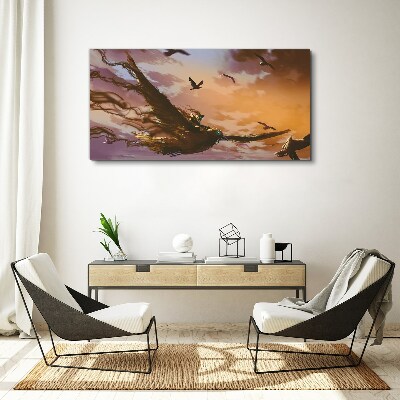 Flight of birds in the setting sun Canvas Wall art