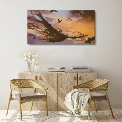 Flight of birds in the setting sun Canvas Wall art