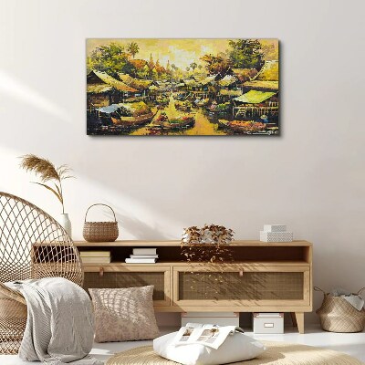 Boats village tree sky Canvas print